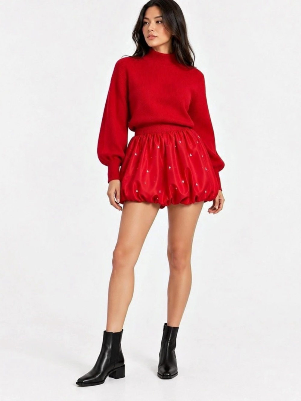 Gianni Bini Red Satin Bubble Mini Skirt Rhinestone Embellished